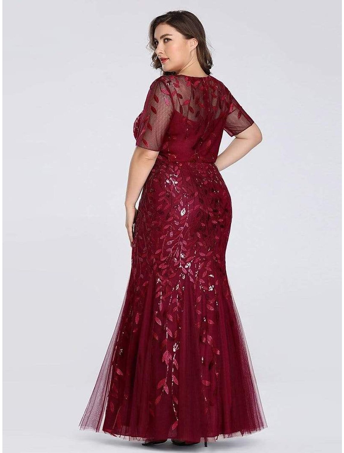 wholesa Mermaid / Trumpet Empire Elegant Party Wear Formal Evening Dress Jewel Neck Short Sleeve Floor Length Tulle with Embroidery / Illusion Sleeve