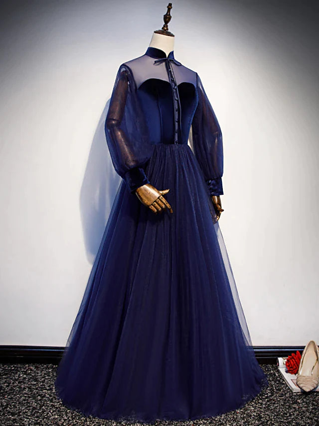 Wholesa A-Line Prom Dresses Vintage Dress Party Wear Floor Length Long Sleeve Stand Collar Tulle with Bow(s) Strappy