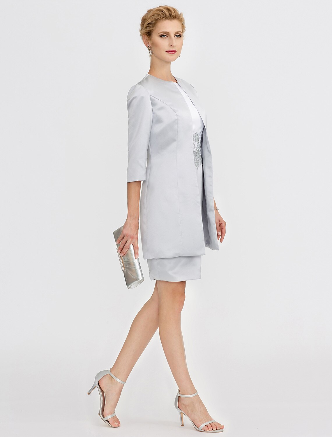 wholesale  Sheath / Column Mother of the Bride Dress Formal Two Piece Jewel Neck Short / Mini Satin Short Sleeve yes with Lace Pleats