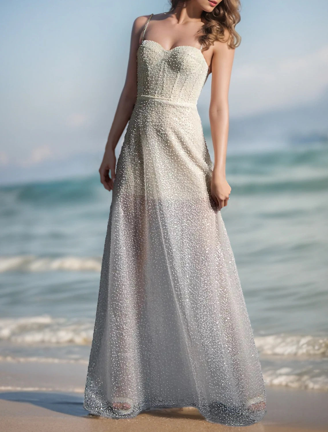 Wholesa Beach Boho Wedding Dresses Sheath / Column Camisole Sleeveless Sweep / Brush Train Sequined Bridal Gowns With Pearls Beading