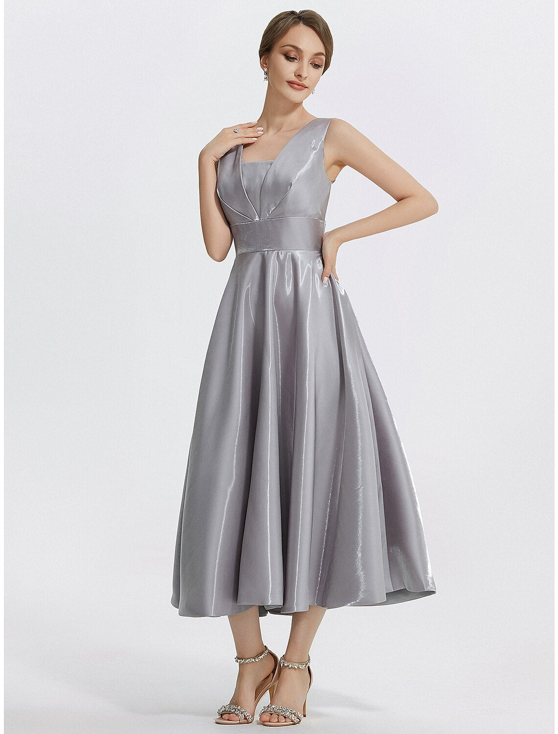 Wholesa A-Line Cocktail Dresses Elegant Dress Formal Wedding Guest Tea Length Sleeveless V Neck Satin with Pocket