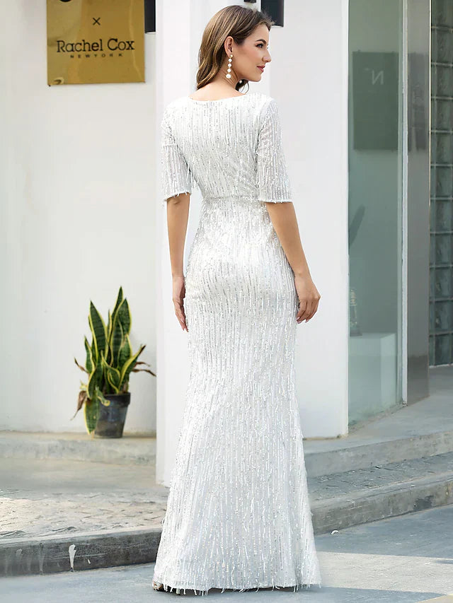 Wholesa Sheath / Column Evening Gown Glittering Dress Engagement Floor Length Half Sleeve V Neck Polyester with Sequin Tassel