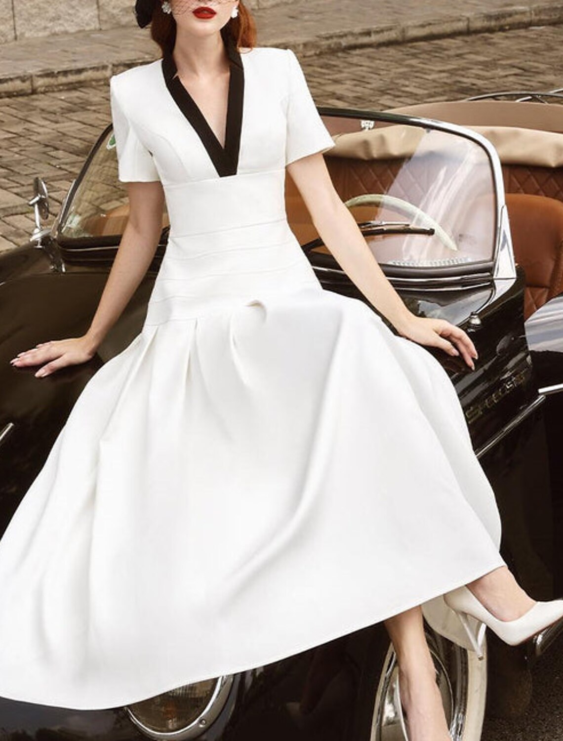Wholesa A-Line Cocktail Dresses Elegant Dress Wedding Guest Ankle Length Short Sleeve V Neck Stretch Fabric with Ruched