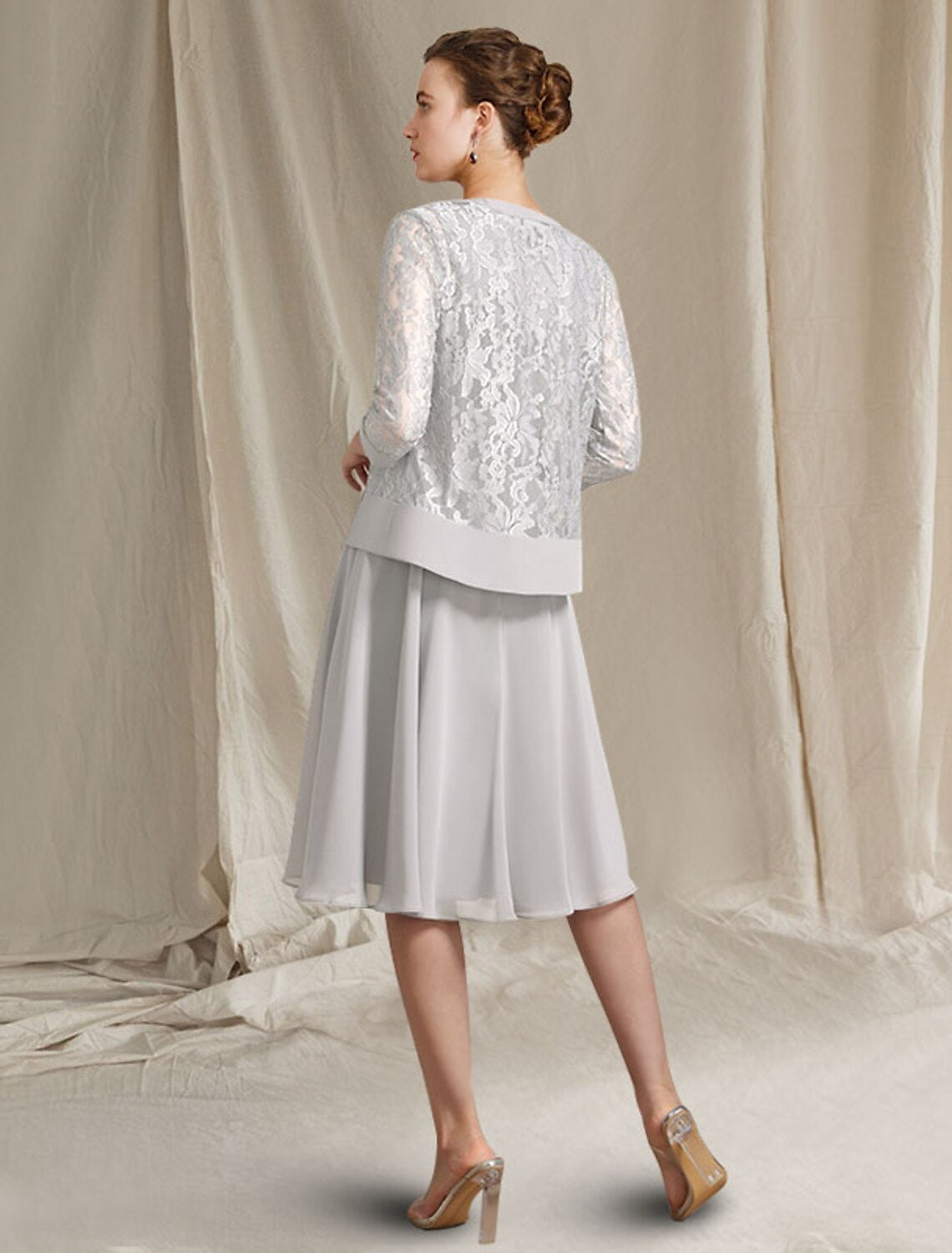 wholesale  Two Piece A-Line Mother of the Bride Dress Church Elegant Jewel Neck Knee Length Chiffon Lace Sleeveless Wrap Included with Pleats Appliques