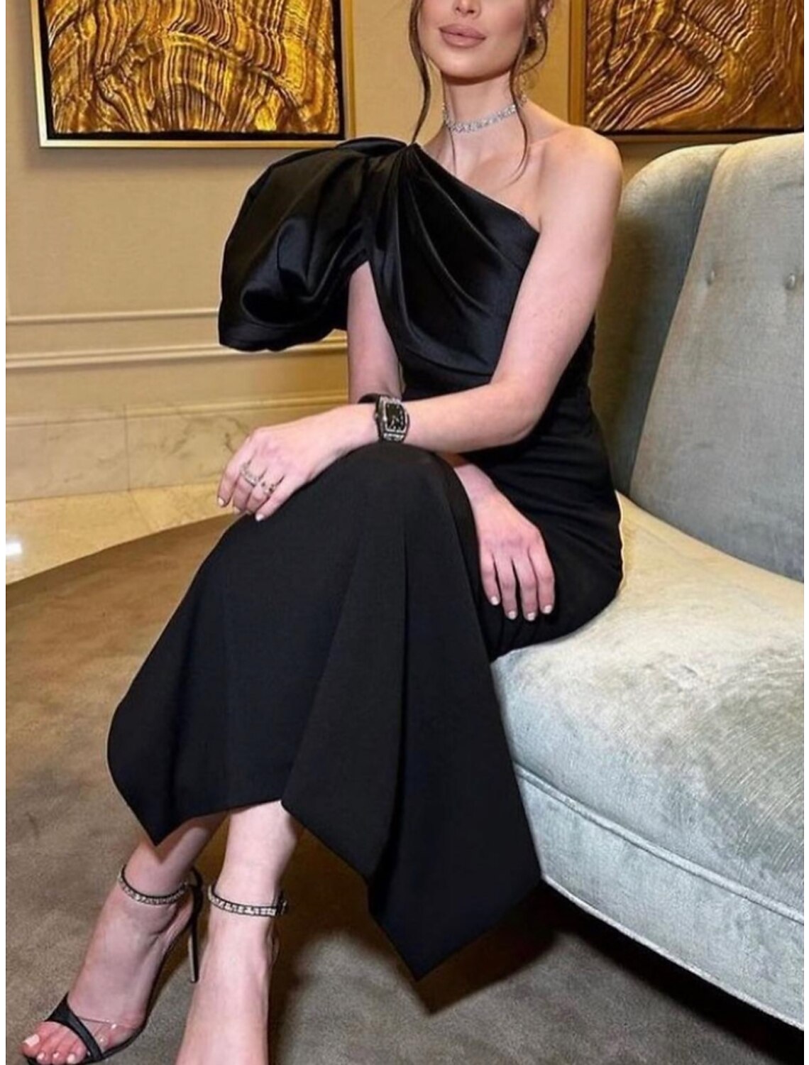 Wholesa  Sheath / Column Evening Gown Elegant Dress Formal Ankle Length Black Dress Short Sleeve One Shoulder Satin with Ruched