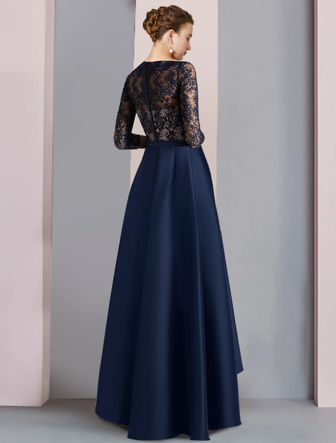 wholesale  A-Line Mother of the Bride Dress Wedding Guest Elegant High Low V Neck Asymmetrical Tea Length Satin Lace Half Sleeve with Bow(s) Color Block