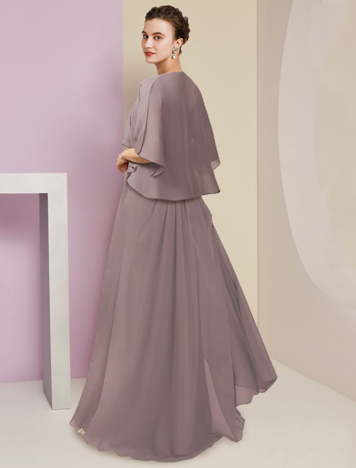 wholesale  Two Piece A-Line Mother of the Bride Dress Formal Wedding Guest Elegant V Neck Sweep / Brush Train Chiffon Lace Short Sleeve Wrap Included with Appliques