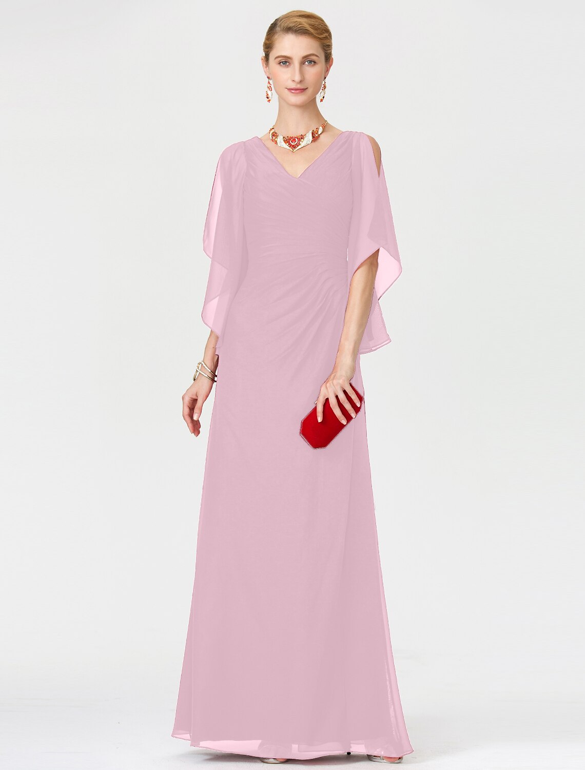 wholesale  Sheath / Column Mother of the Bride Dress Furcal V Neck Floor Length Chiffon Half Sleeve No with Criss Cross Split Front