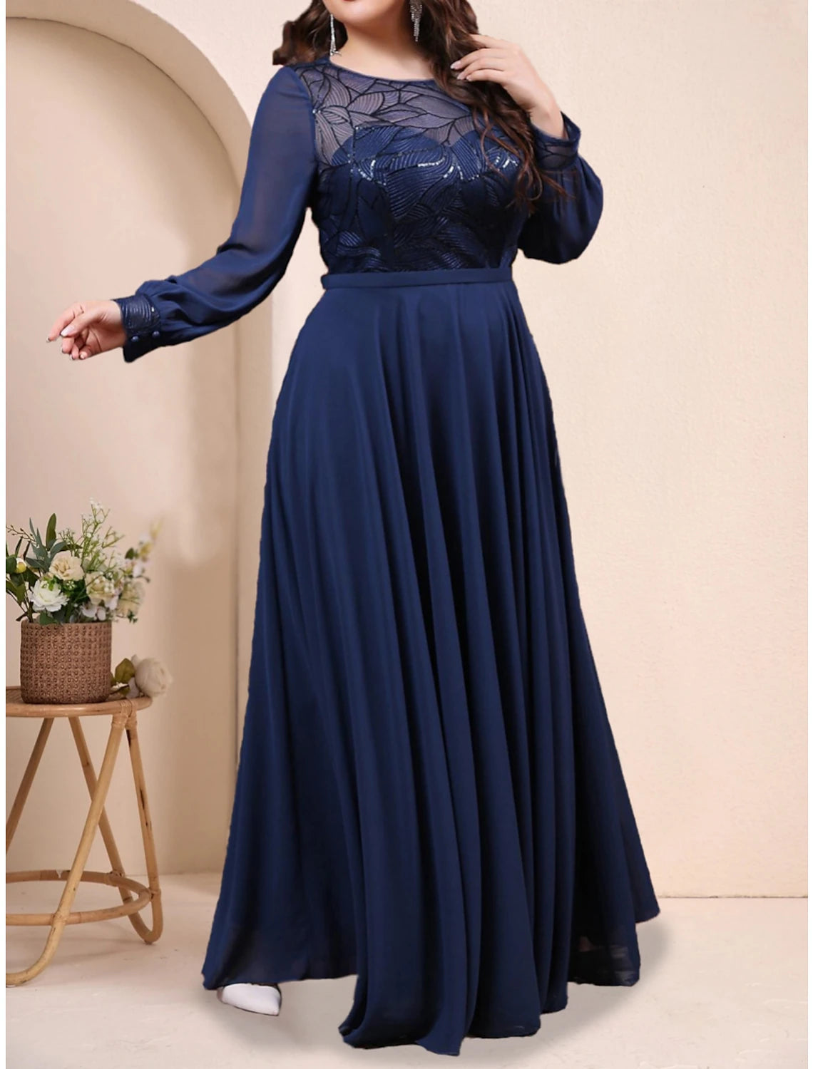 Wholesa A-Line Plus Size Curve Mother of the Bride Dress Wedding Guest Plus Size Sparkle & Shine Jewel Neck Floor Length Chiffon Long Sleeve with Pleats Sequin