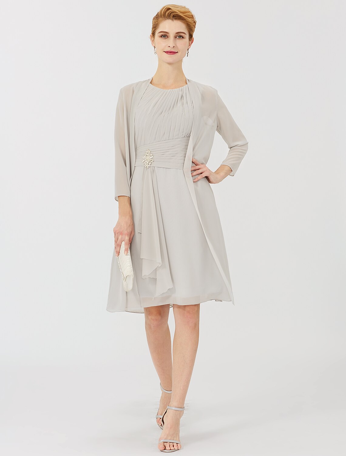 wholesale   Sheath / Column Mother of the Bride Dress Formal Classic & Timeless Elegant & Luxurious Convertible Dress Jewel Neck Knee Length Chiffon 3/4 Length Sleeve with Criss Cross Crystal Brooch