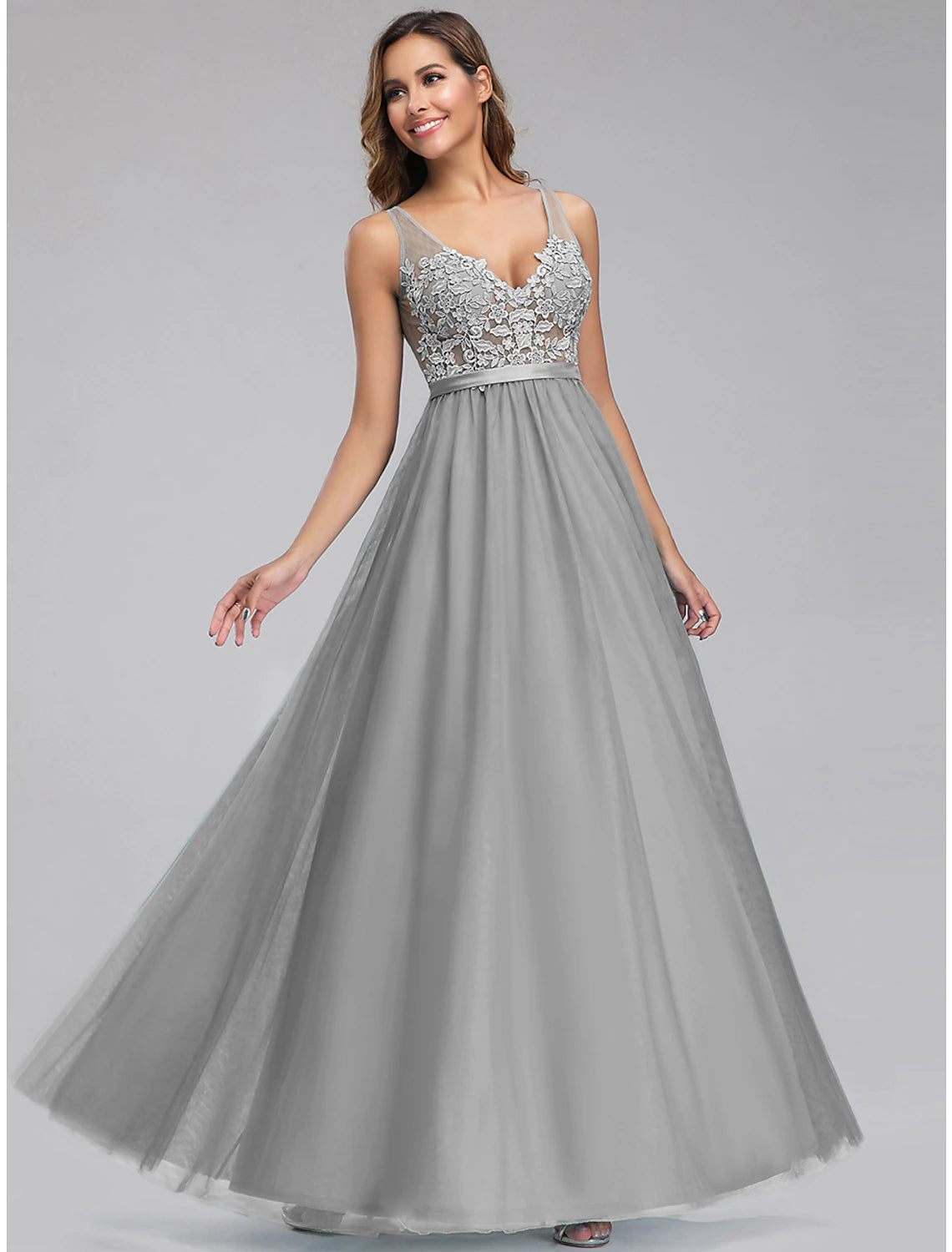 Wholesa A-Line Empire Holiday Prom Dress V Neck V Back Sleeveless Floor Length Chiffon with Appliques