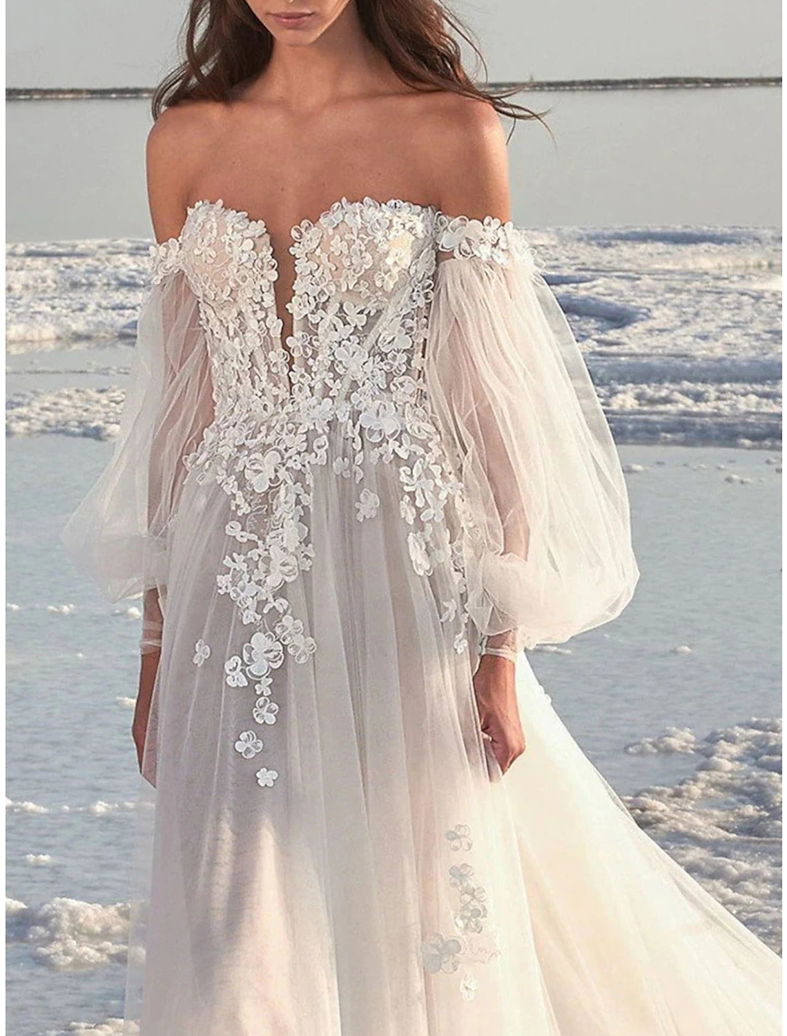 wholesale  Beach Formal Wedding Dresses A-Line Off Shoulder Long Sleeve Court Train Lace Bridal Gowns With Appliques Summer Fall Wedding Party
