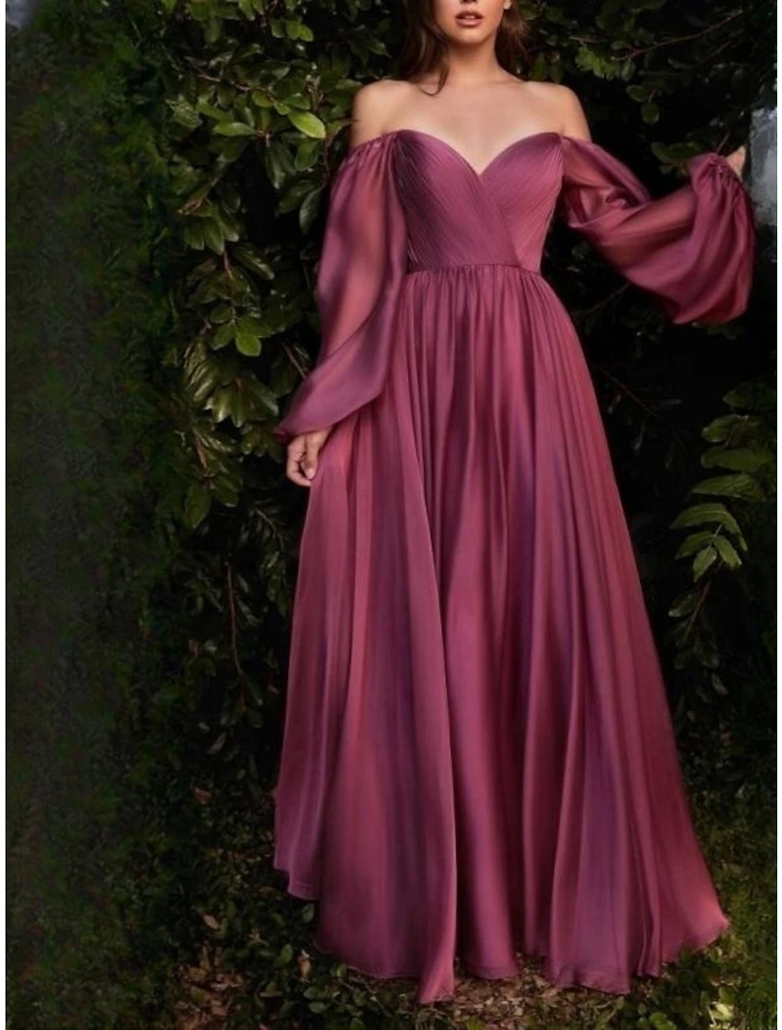 Wholesa Sheath / Column Wedding Guest Dresses Elegant Dress Wedding Guest Floor Length Long Sleeve Sweetheart Bridesmaid Dress Chiffon with Pleats Ruched