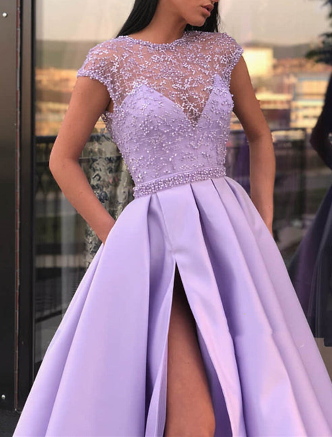 Wholesa A-Line Evening Gown Sparkle & Shine Dress Formal Wedding Court Train Short Sleeve Jewel Neck Belt / Sash Satin with Slit Appliques