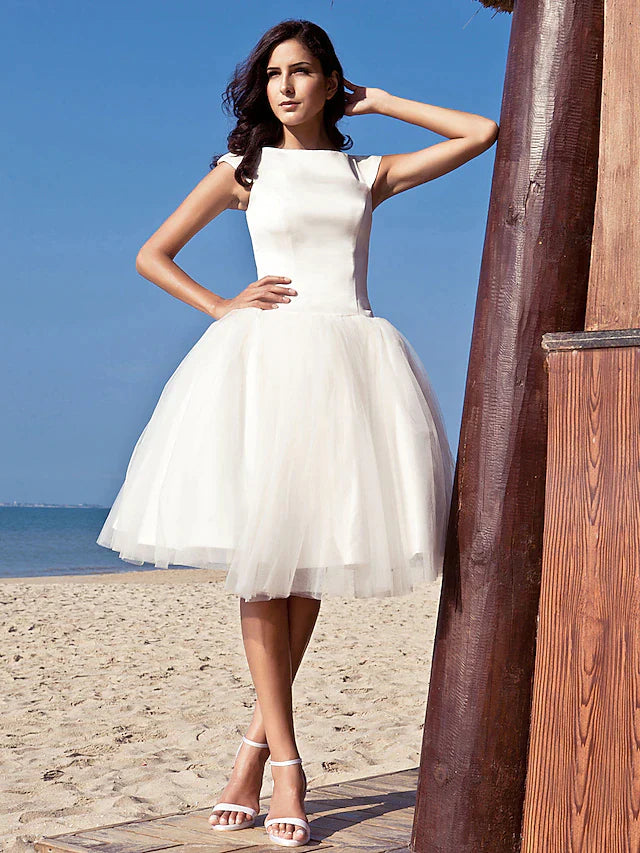 Wholesa Beach Little White Dresses Wedding Dresses Knee Length A-Line Cap Sleeve Bateau Neck Satin With Draping