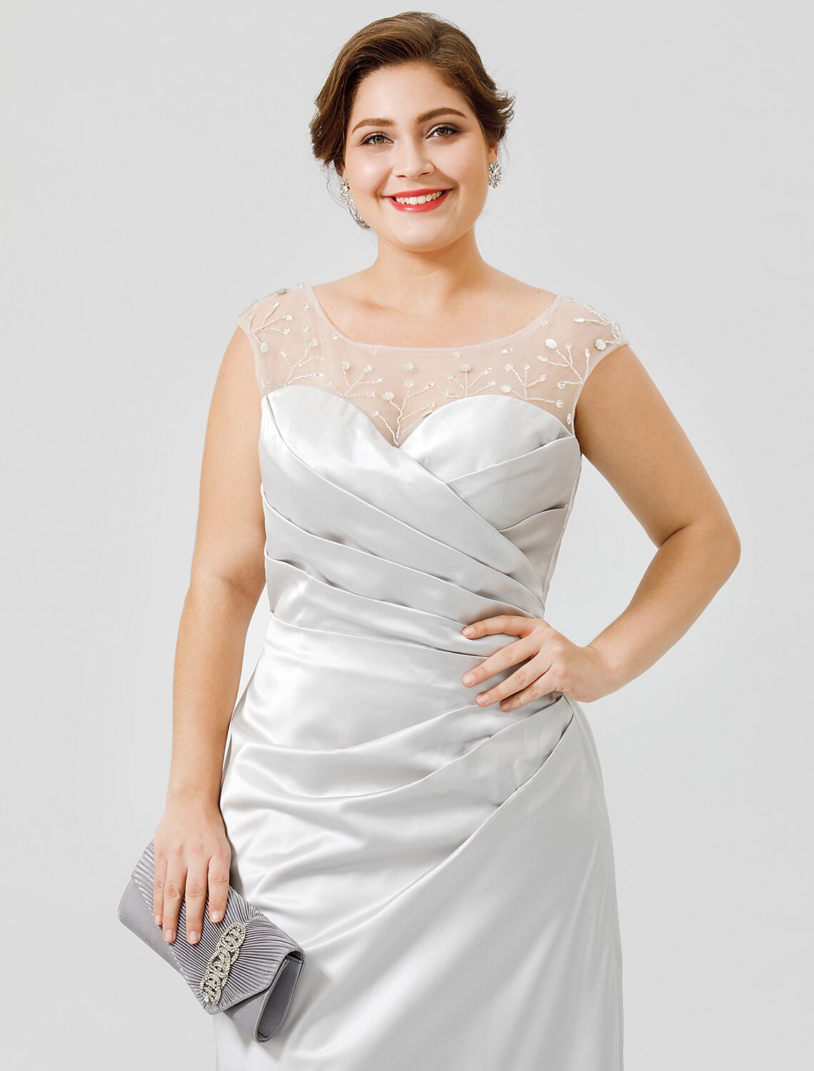 wholesale  Sheath / Column Mother of the Bride Dress Classic & Timeless Elegant & Luxurious Plus Size Jewel Neck Floor Length Satin Sleeveless No with Pleats Crystals