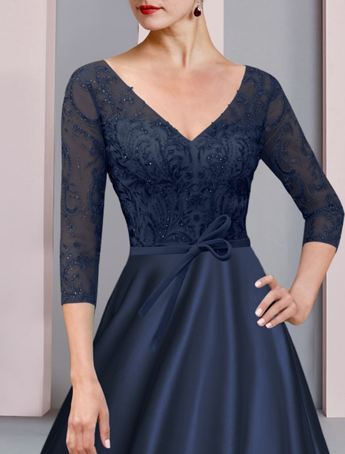 wholesale   A-Line Mother of the Bride Dress Formal Wedding Guest Elegant V Neck Tea Length Satin Lace 3/4 Length Sleeve with Bow(s) Appliques