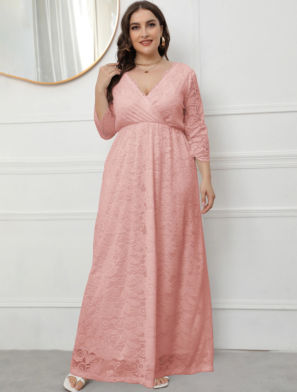 wholesale  A-Line Evening Gown Vintage Dress Party Wear Formal Evening Floor Length 3/4 Length Sleeve V Neck Lace with Sleek Lace Insert