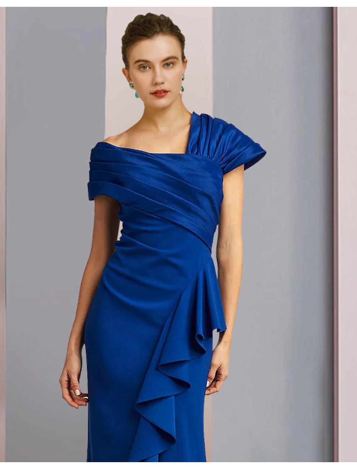 Wholesa  Mermaid / Trumpet Mother of the Bride Dress Formal Wedding Guest Elegant One Shoulder Sweep / Brush Train Satin Sleeveless with Ruched Ruffles