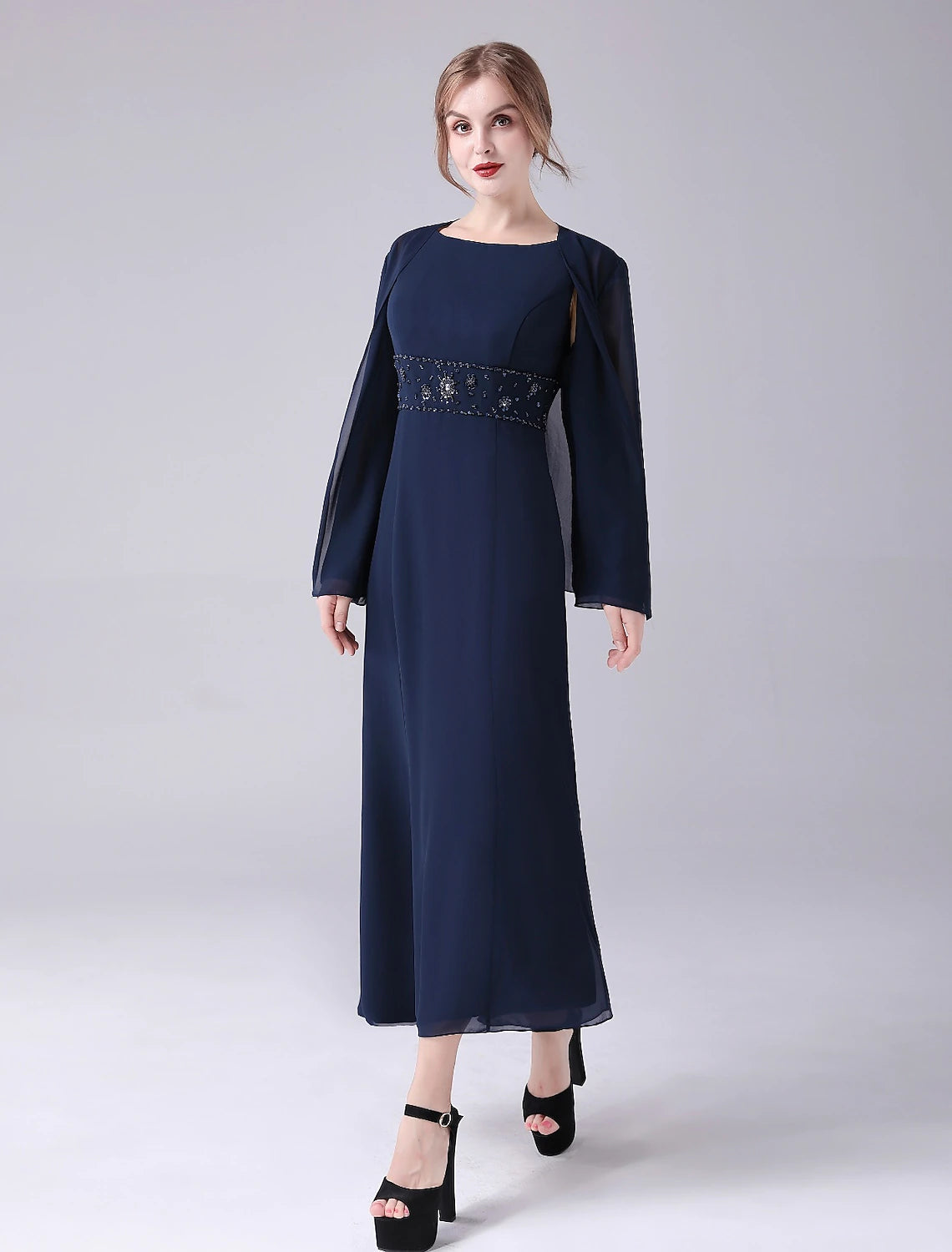 wholesale  A-Line Mother of the Bride Dress Elegant Sweet Jewel Neck Ankle Length Chiffon Sleeveless with Beading