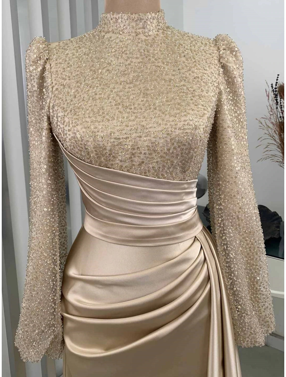 Wholesa  A-Line Evening Gown Champagne Christmas Elegant Dress Formal Sweep / Brush Train Long Sleeve High Neck Satin with Glitter Pleats Ruched