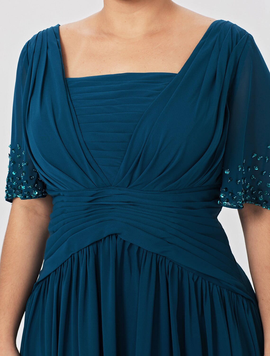 wholesale   Ball Gown A-Line Mother of the Bride Dress Formal Classic & Timeless Elegant & Luxurious Plus Size Square Neck Floor Length Chiffon Short Sleeve No with Pleats Beading