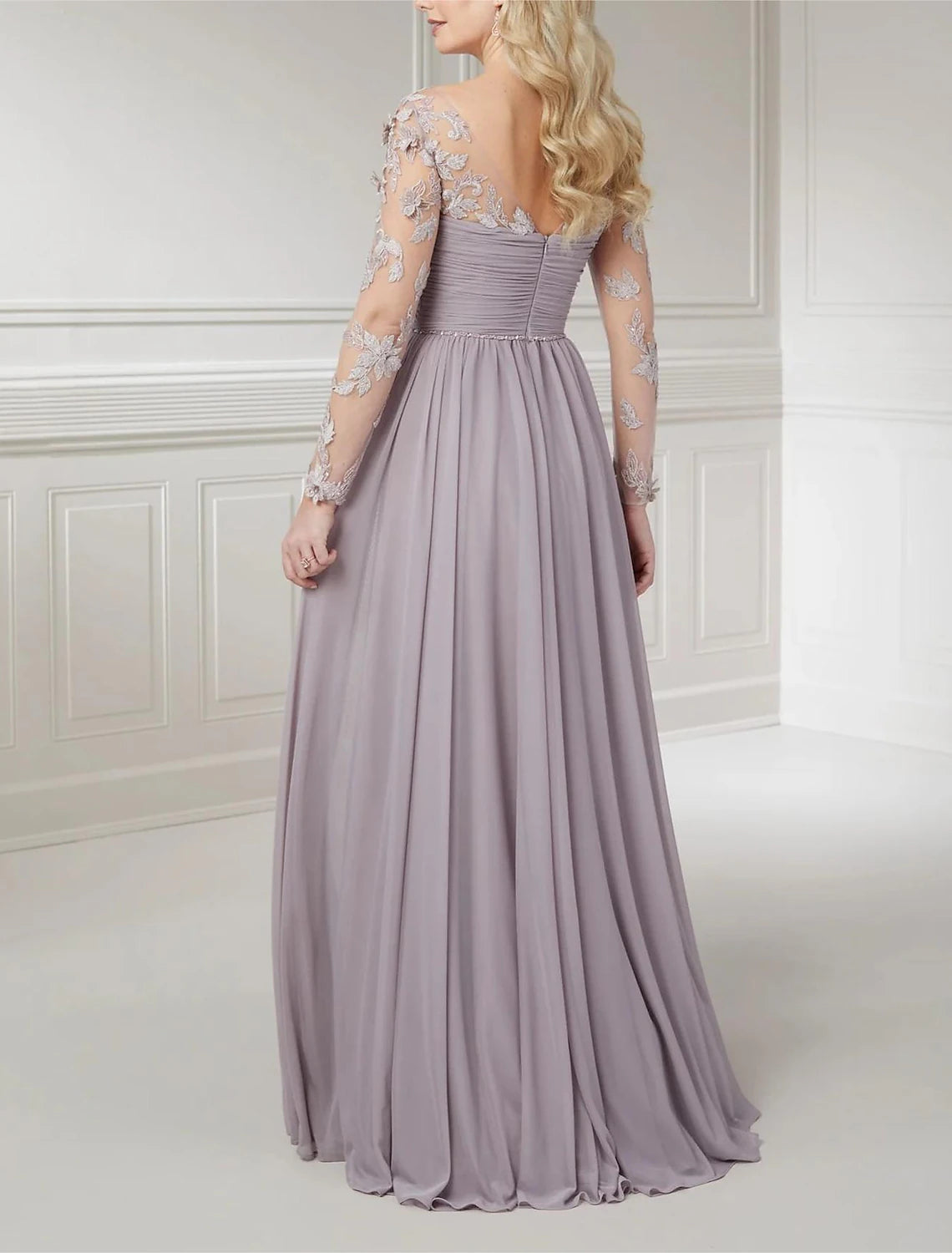 Wholesa  A-Line Mother of the Bride Dress Formal Wedding Guest Elegant Scoop Neck V Neck Floor Length Chiffon Lace Long Sleeve with Ruched Flower