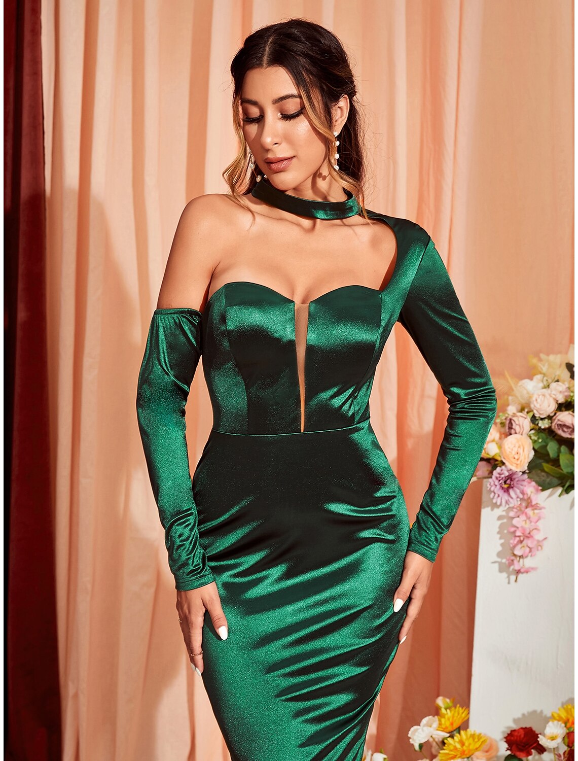 wholesa Mermaid / Trumpet Party Dresses Sexy Dress Wedding Party Semi Formal Tea Length Long Sleeve One Shoulder Stretch Satin with Ruched Slit