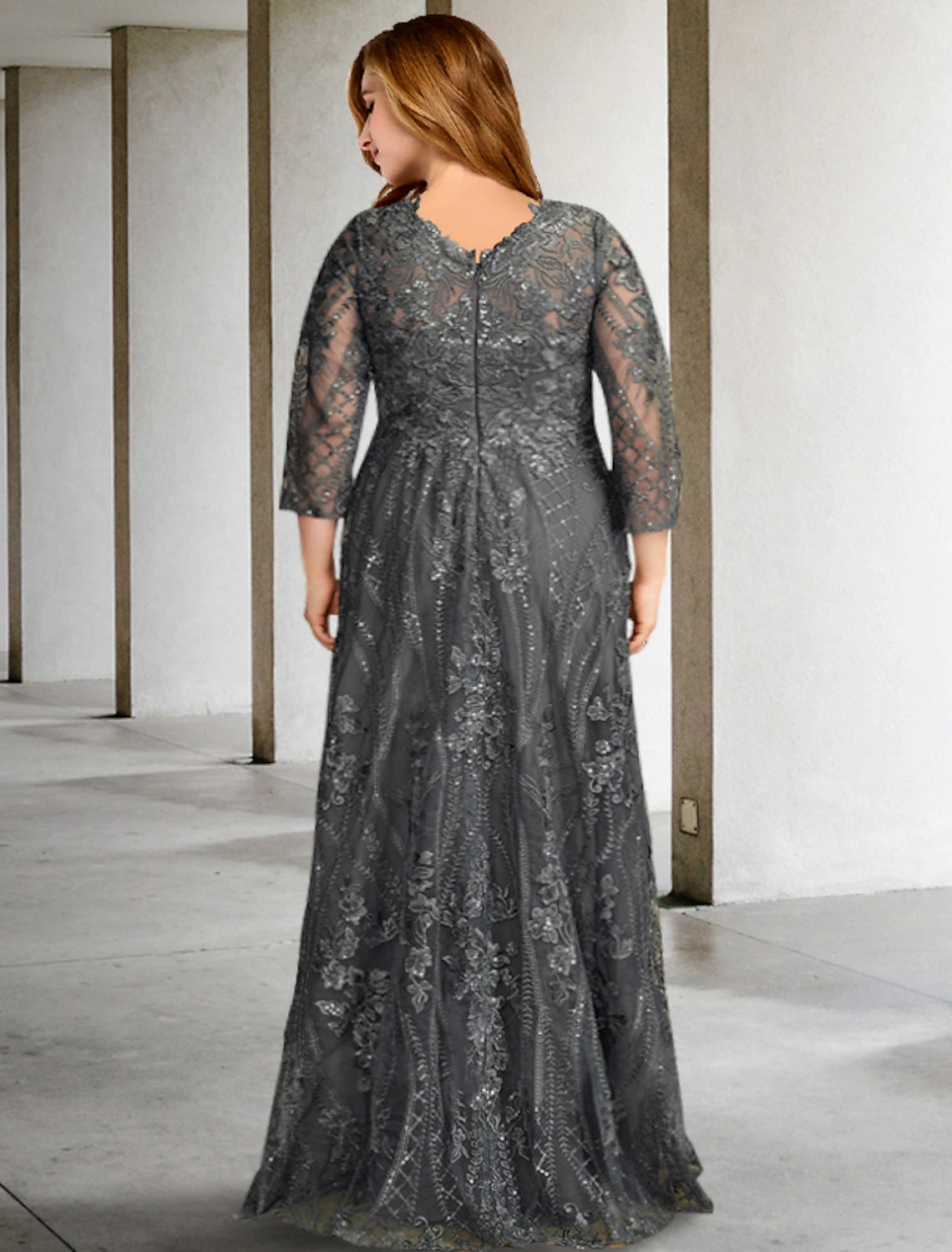 wholesale  A-Line Mother of the Bride Dresses Plus Size Hide Belly Curve Elegant Dress Formal Sweep / Brush Train Long Sleeve Jewel Neck Chiffon with Applique