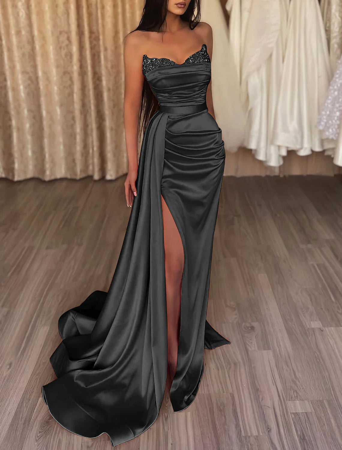 Wholesa Mermaid Ruched Evening Gown Satin Dress Cocktail Party Prom Court Train Sleeveless Strapless Bridesmaid Dress with Beading Sequin Pure Color
