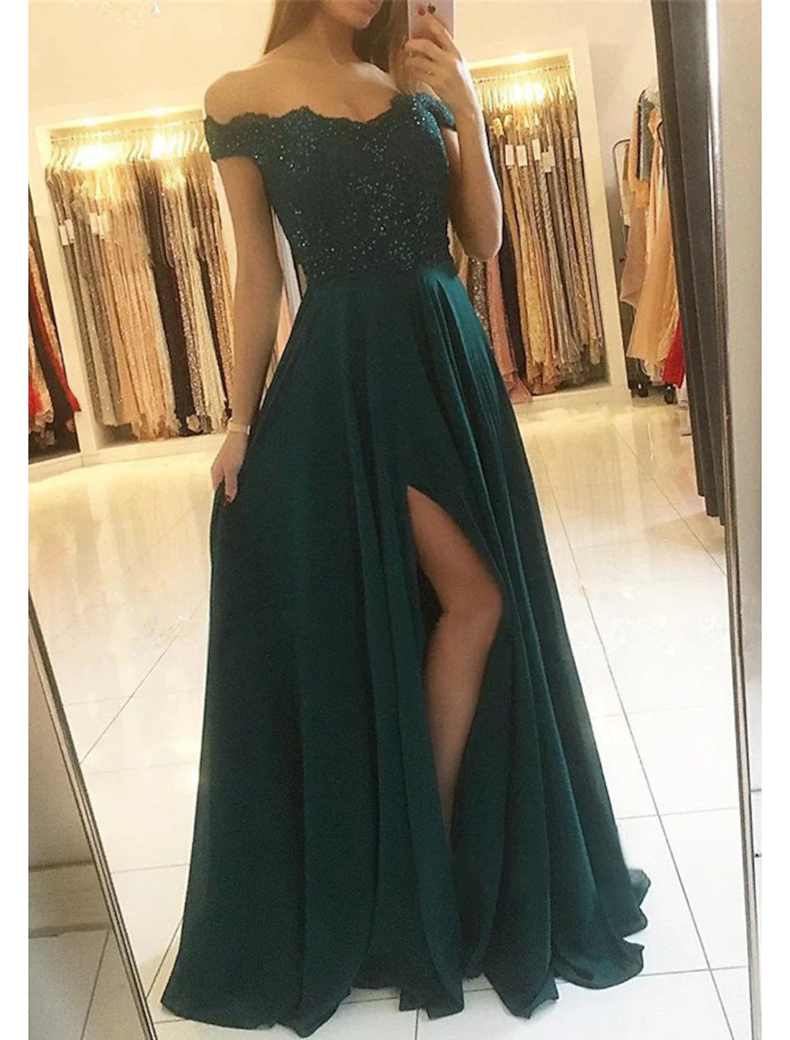 Wholesa A-Line Prom Dresses Glittering Dress Formal Floor Length Sleeveless Off Shoulder Chiffon Backless with Pleats Slit