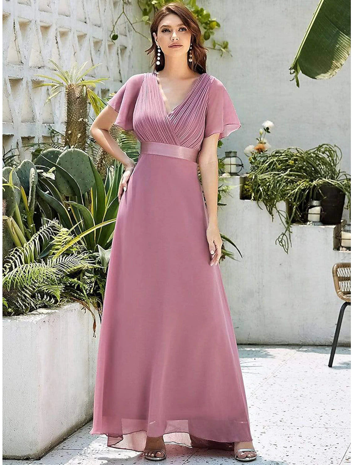 wholesale  A-Line Evening Gown Party Dress Empire Dress Wedding Guest Formal Evening Floor Length Short Sleeve V Neck Bridesmaid Dress Chiffon V Back with Ruffles Pure Color