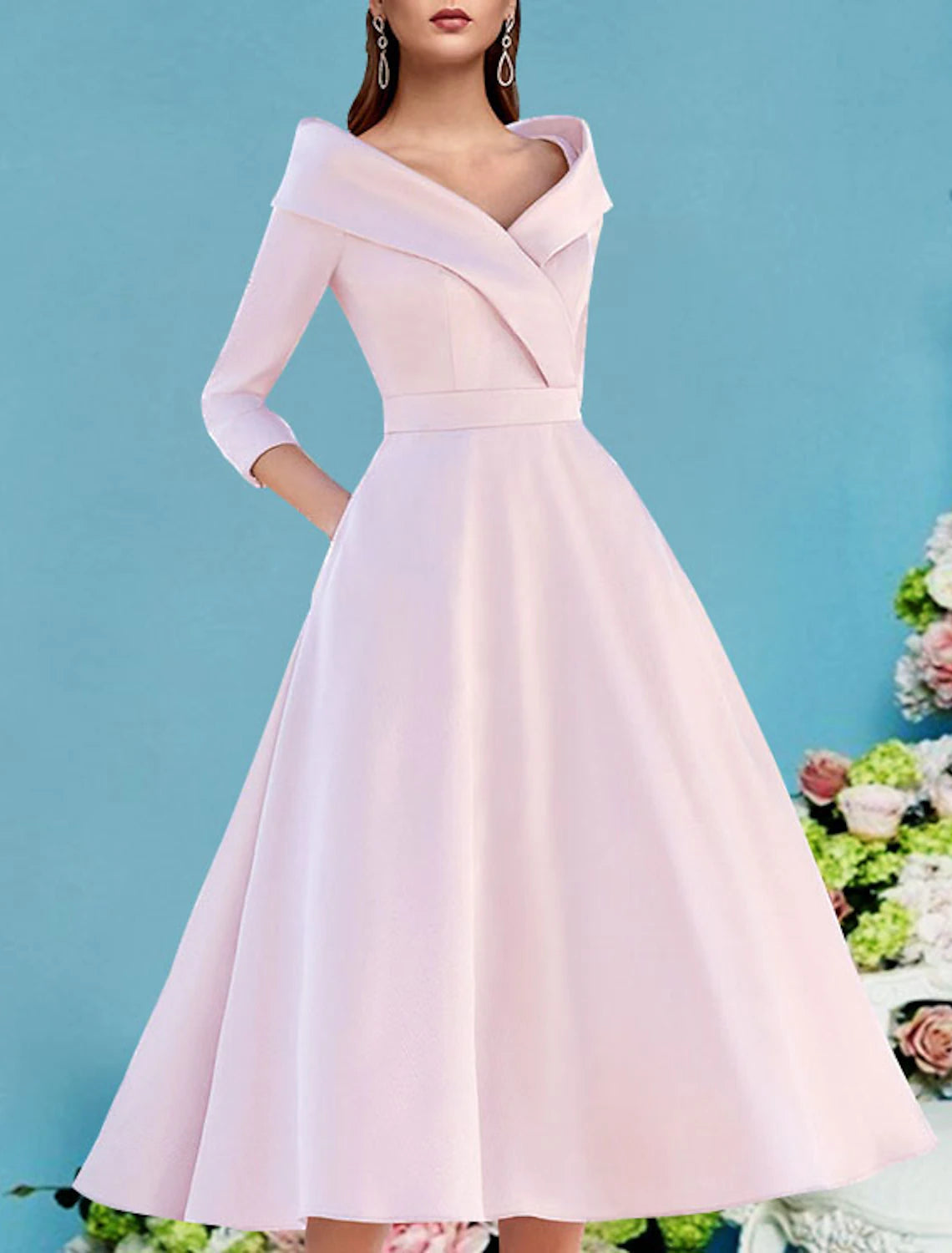 wholesale  A-Line Mother of the Bride Dress Fall Wedding Guest Vintage Elegant V Neck Tea Length Satin 3/4 Length Sleeve with Pleats