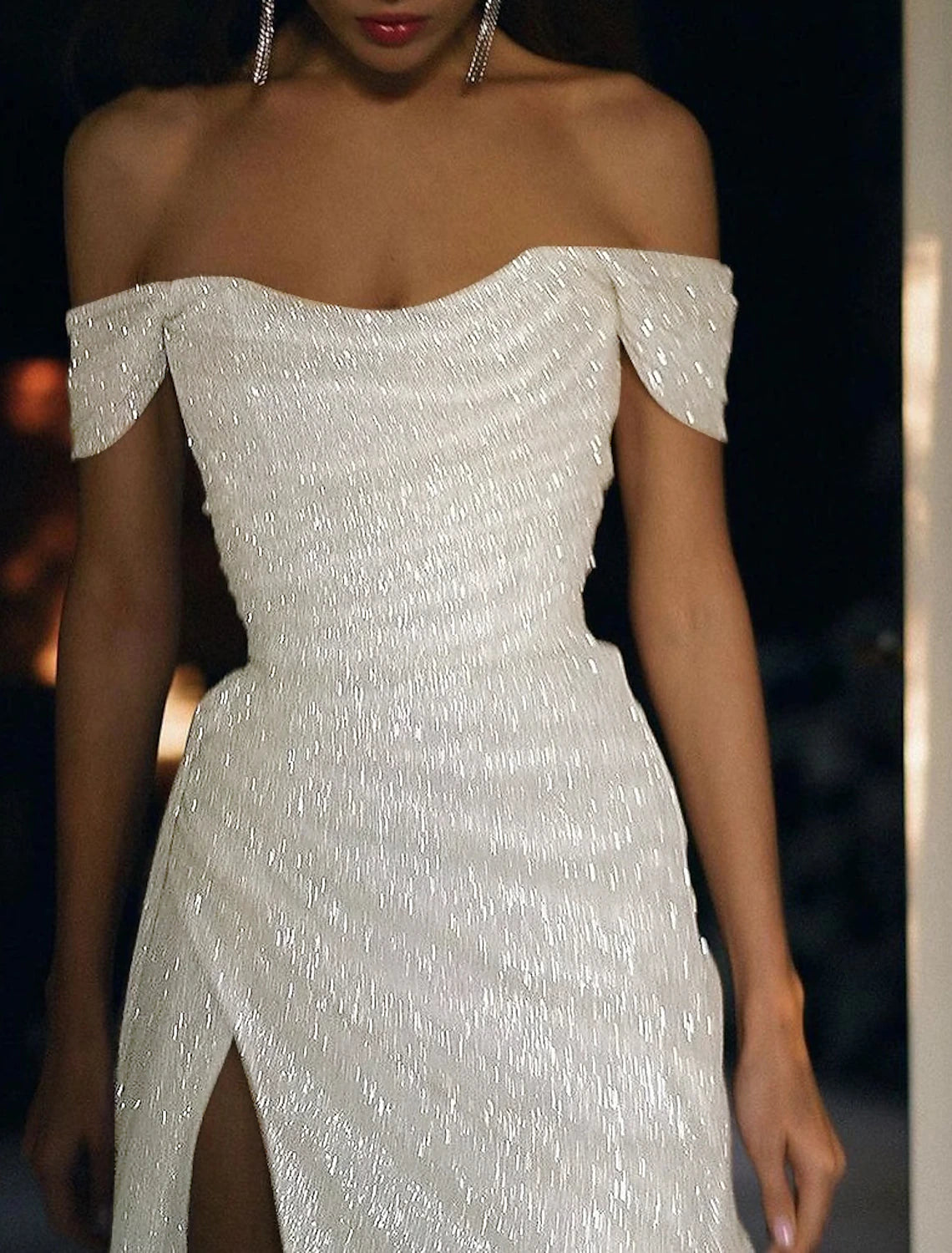 wholesale  Mermaid Evening Dresses Sparkle Wedding Dress For Reception Prom Dress Sweep / Brush Train Short Sleeve Off Shoulder Sequins with Slit