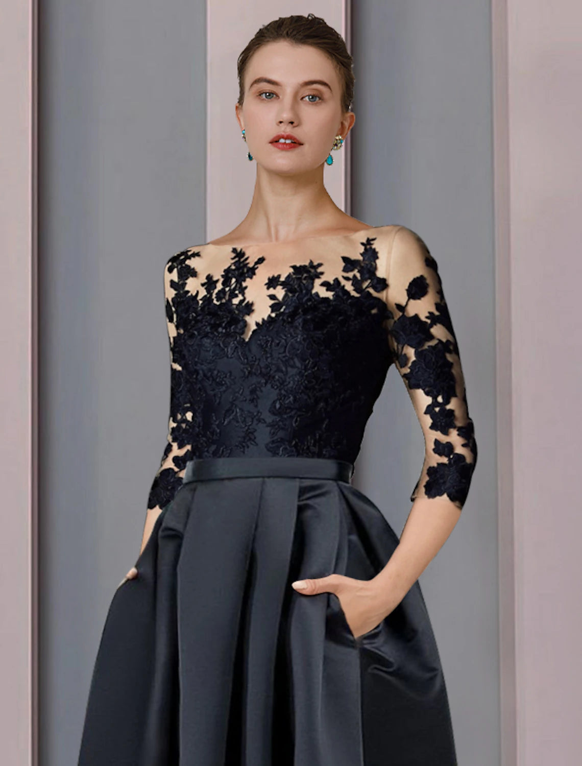wholesale   A-Line Mother of the Bride Dress Wedding Guest Elegant High Low Scoop Neck Asymmetrical Tea Length Satin Lace 3/4 Length Sleeve with Pleats Appliques