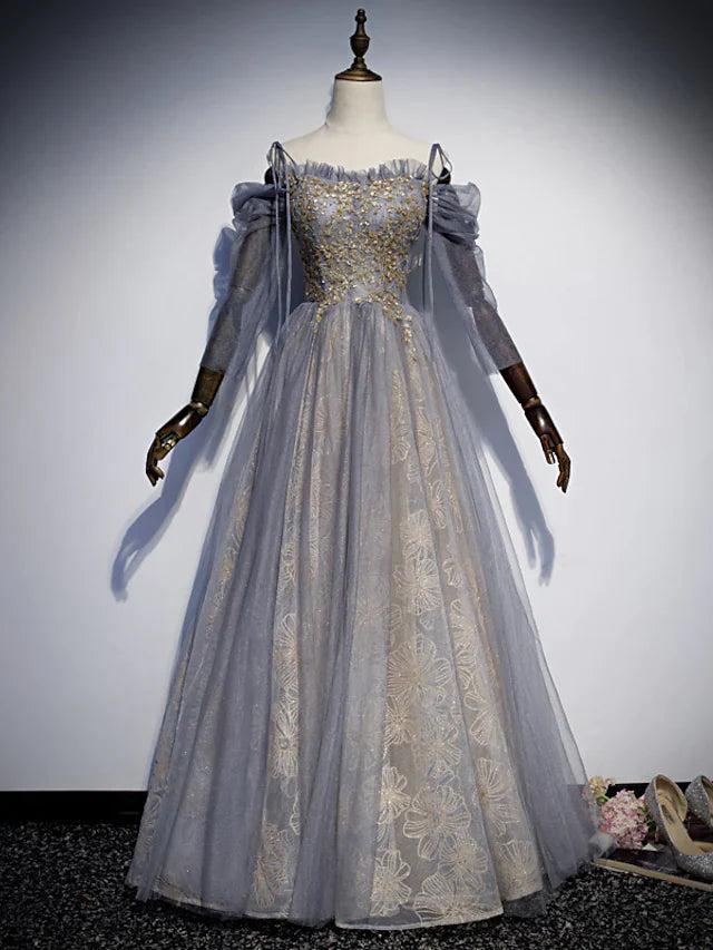 Wholesa A-Line Prom Dresses Glittering Dress Wedding Guest Floor Length 3/4 Length Sleeve Spaghetti Strap Tulle with Sequin Embroidery