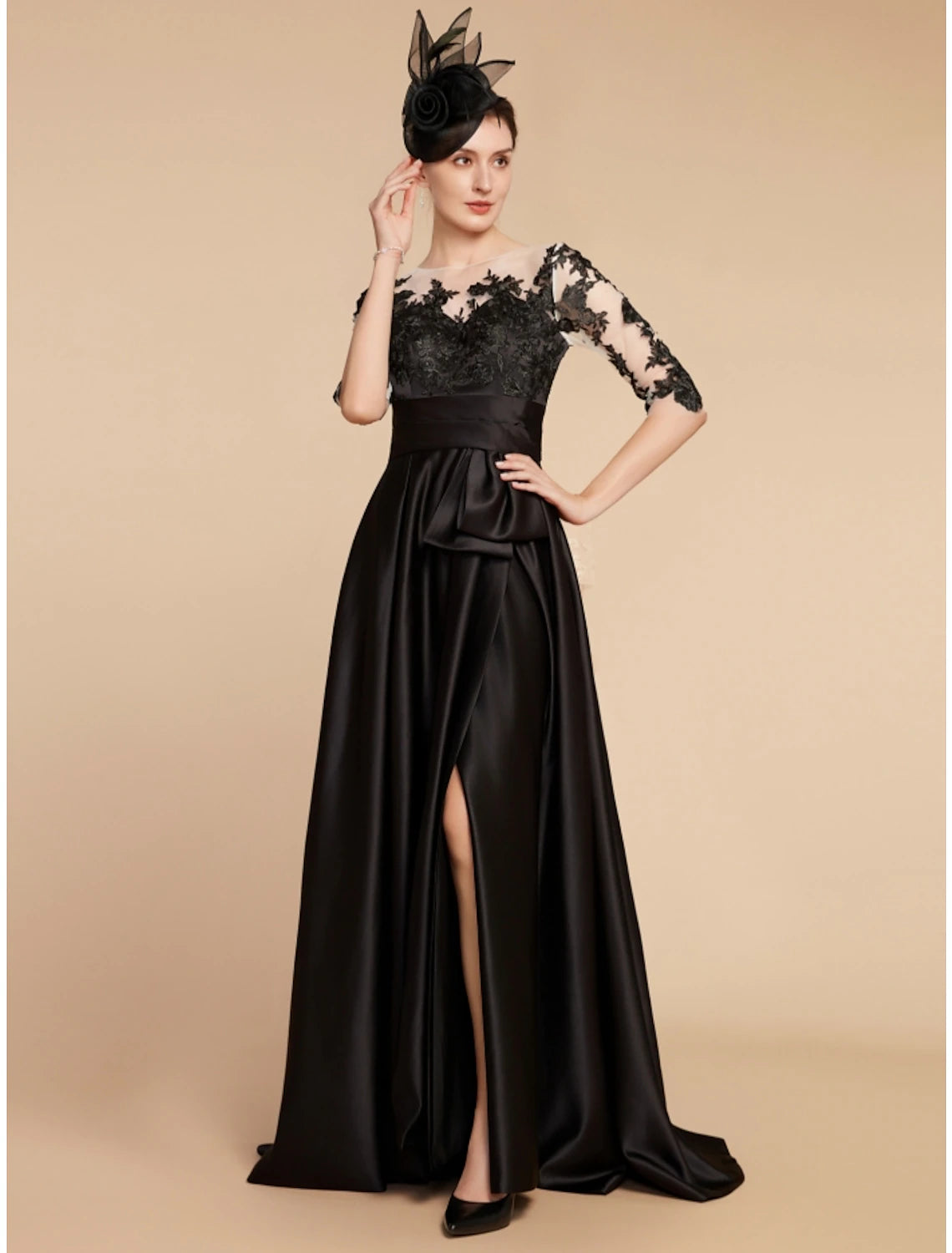 Wholesa  A-Line Mother of the Bride Dress Wedding Guest Elegant Party Jewel Neck Sweep / Brush Train Satin Lace Half Sleeve with Split Front Ruching Solid Color