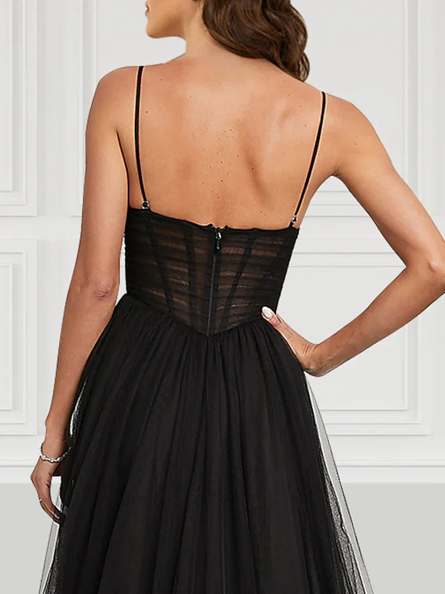 Wholesa A-Line Prom Dresses Corsets Dress Party Wear Court Train Sleeveless Spaghetti Strap Tulle with Slit