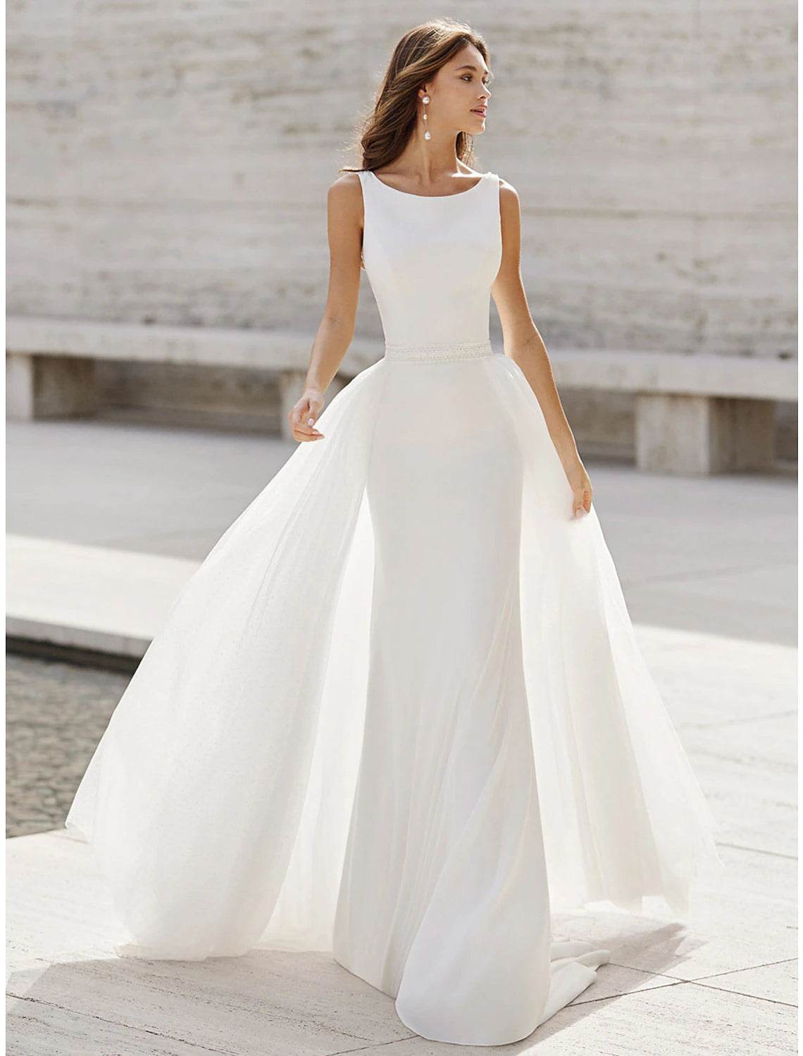 wholesale   Beach Open Back Wedding Dresses Mermaid / Trumpet Scoop Neck Sleeveless Court Train Satin Bridal Suits Bridal Gowns With Appliques