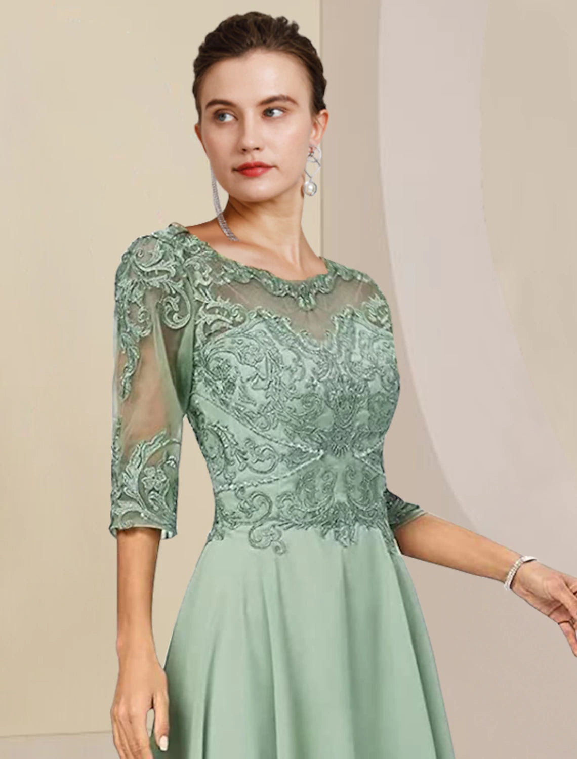 wholesale  Two Piece A-Line Mother of the Bride Dress Formal Wedding Guest Elegant High Low Scoop Neck Asymmetrical Tea Length Chiffon Lace Half Sleeve Wrap Included with Beading Appliques