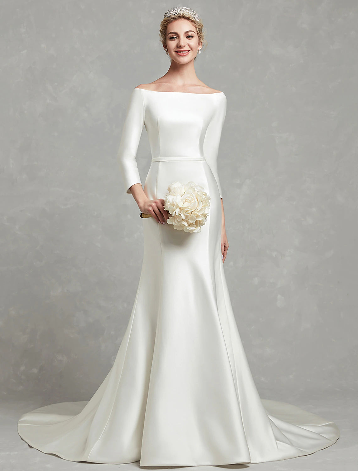 wholesale  Casual Fall Wedding Dresses Mermaid / Trumpet Off Shoulder 3/4 Length Sleeve Chapel Train Satin Bridal Gowns With Pleats Summer Wedding Party
