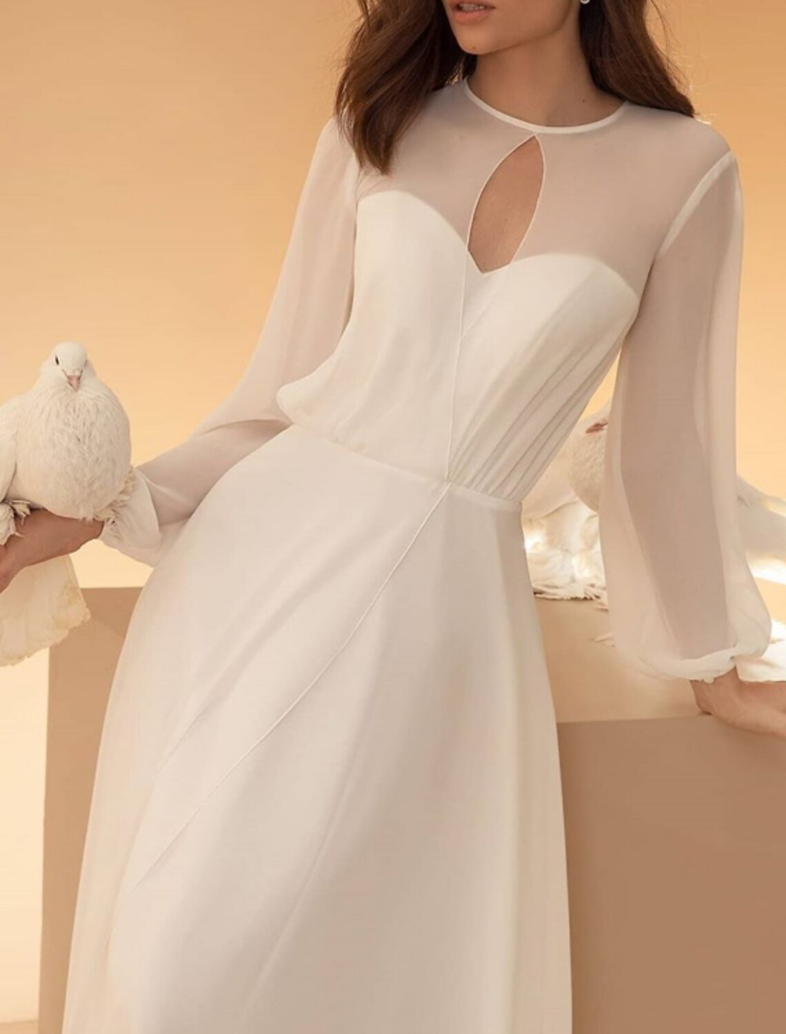 wholesale  Hall Casual Wedding Dresses A-Line Illusion Neck Long Sleeve Floor Length Chiffon Bridal Gowns