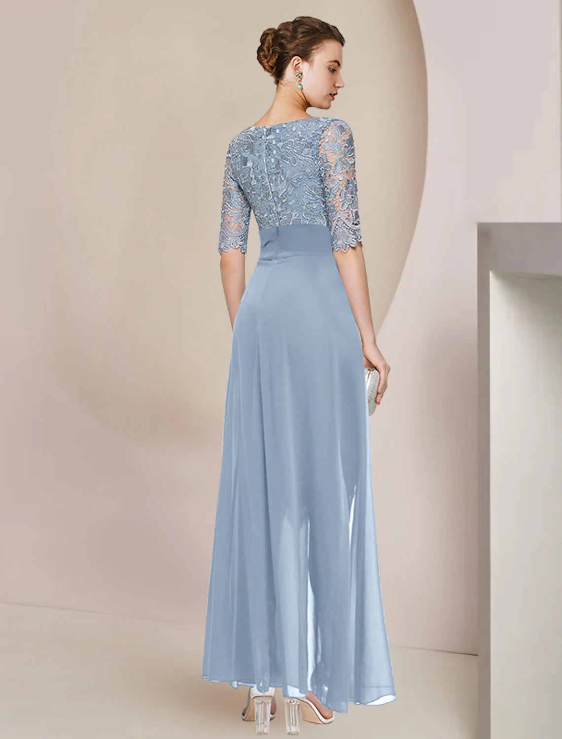 wholesale  Sheath / Column Mother of the Bride Dress Formal Wedding Guest Elegant V Neck Knee Length Chiffon Lace Half Sleeve with Appliques