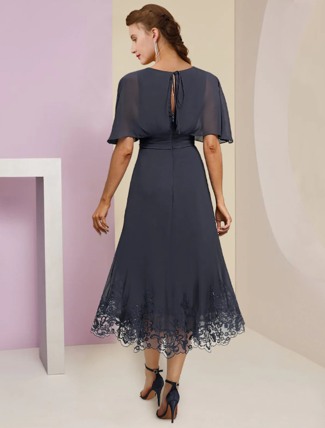 wholesale  A-Line Mother of the Bride Dress Formal Wedding Guest Elegant V Neck Tea Length Chiffon Lace Half Sleeve with Appliques Crystal Brooch