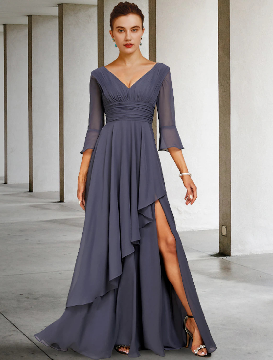 wholesale  A-Line Mother of the Bride Dress Elegant High Low V Neck Asymmetrical Floor Length Chiffon 3/4 Length Sleeve with Split Front Ruching