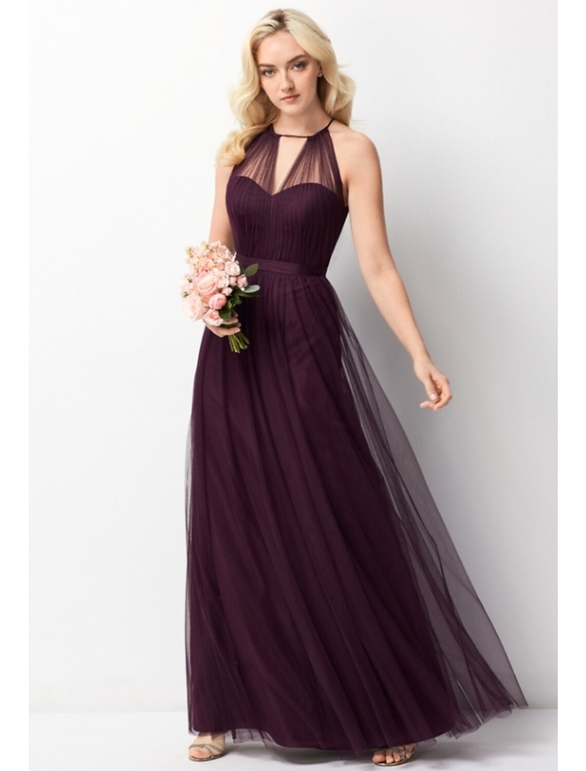 Wholesa  A-Line Bridesmaid Dress Halter Neck Sleeveless Elegant Floor Length Chiffon / Tulle