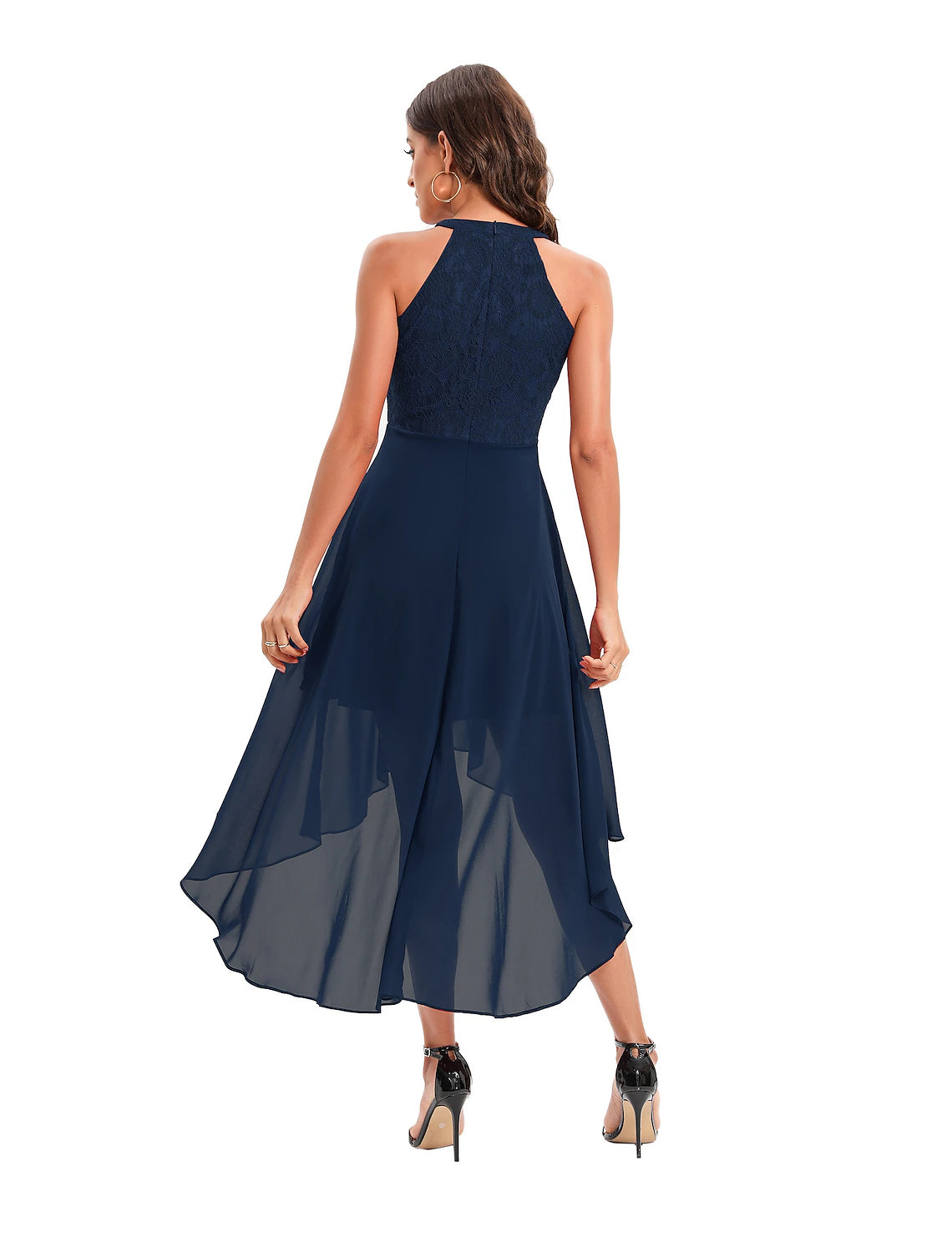 wholesa A-Line Minimalist Elegant Party Wear Cocktail Party Dress Halter Neck Sleeveless Asymmetrical Nylon with Pleats