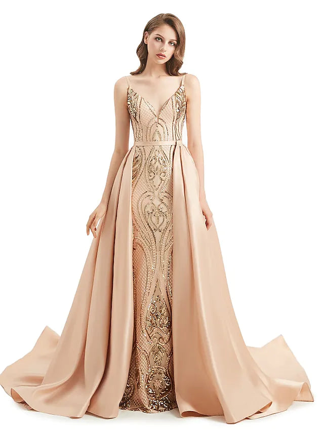 Wholesa Mermaid / Trumpet Evening Gown Elegant Dress Engagement Detachable Sleeveless V Neck Detachable Sequined with Sequin