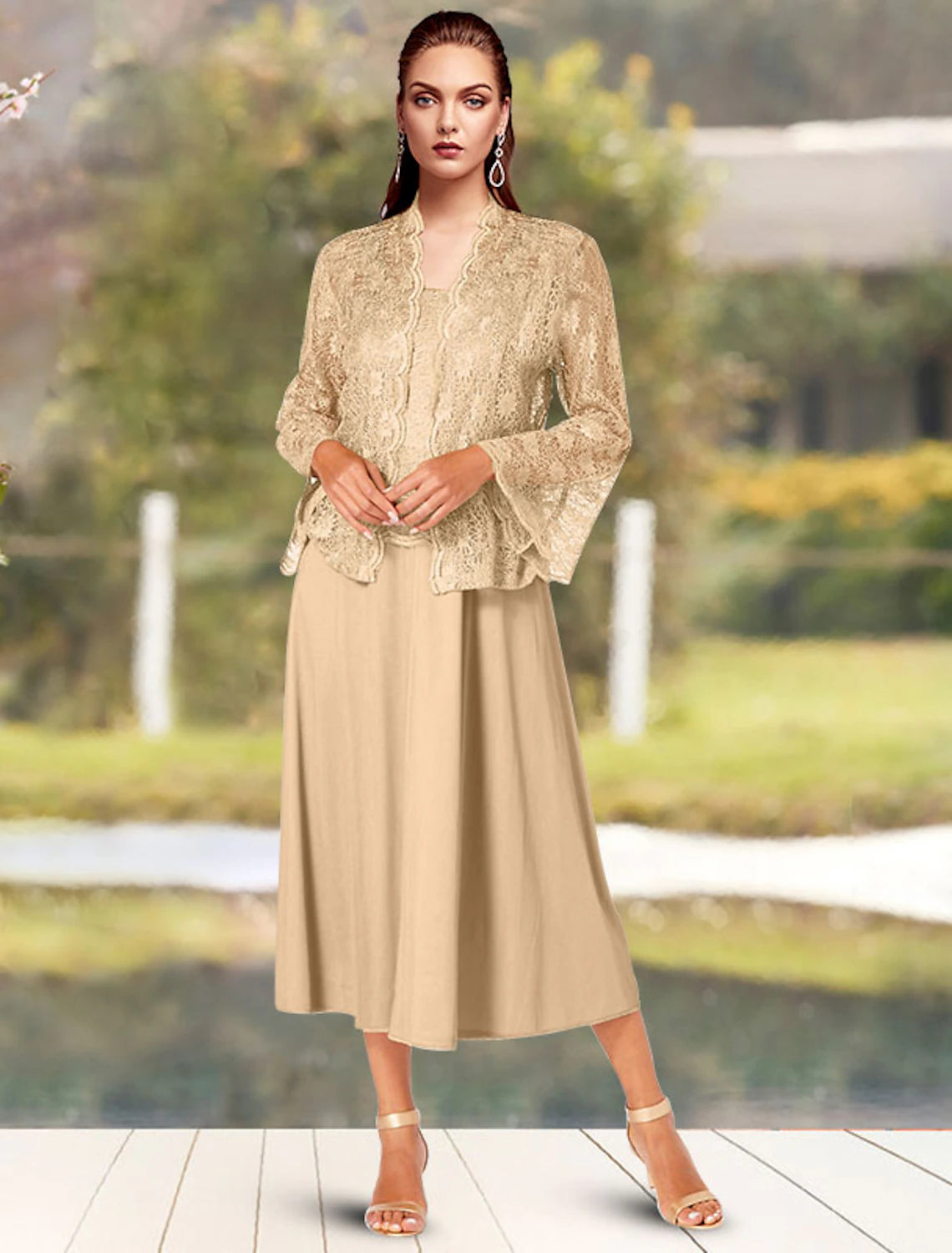 wholesale  Two Piece A-Line Mother of the Bride Dress Church Elegant Square Neck Spaghetti Strap Tea Length Chiffon Lace Sleeveless Short Jacket Dresses with Solid Color