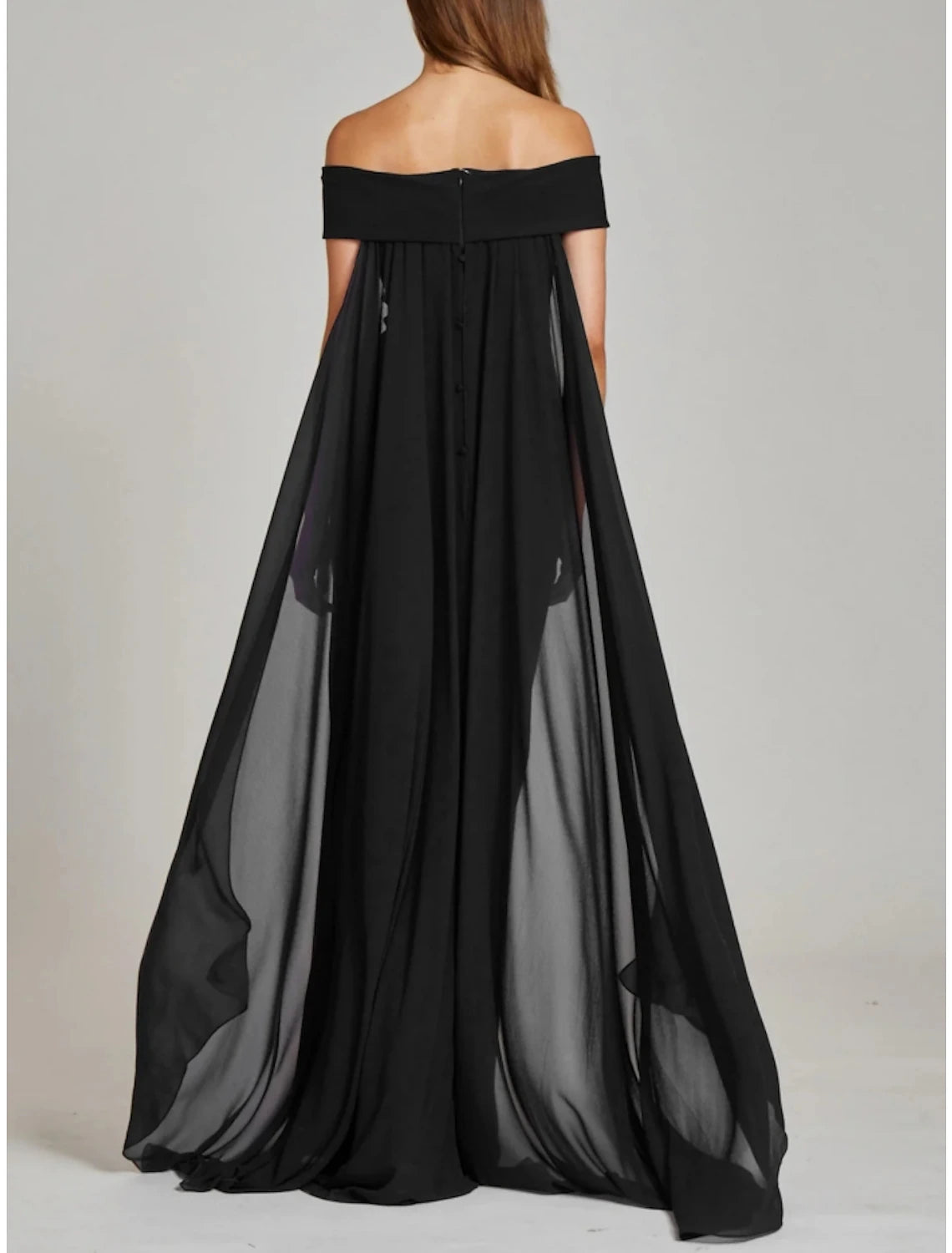 Wholesa Sheath / Column Mother of the Bride Dress Wedding Guest Elegant Off Shoulder Sweep / Brush Train Chiffon Short Sleeve with Pleats Solid Color